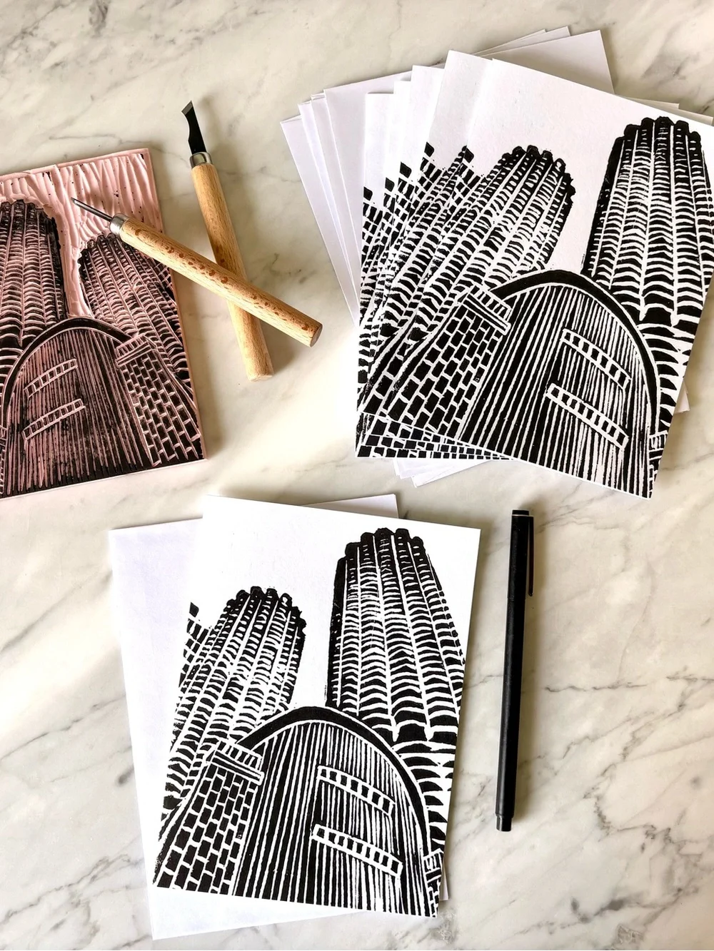 Chicago Linocut Note Cards Set of 6 | Marina City and House of Rock Print | Art